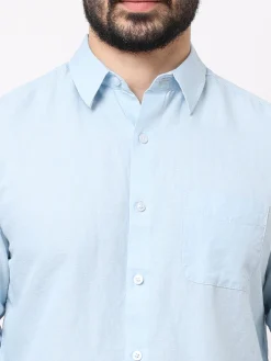 Women Cottonworld 100% Linen Shirts | 100% Linen Shirts^Men's 100% Linen Blue Regular Fit Striped Shirt