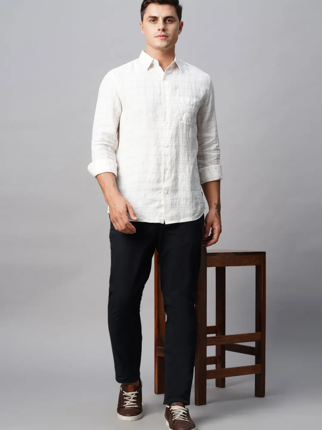 Women Cottonworld 100% Linen Shirts | 100% Linen Shirts^Men's 100% Linen Regular Fit Long Sleeved Checked Shirt