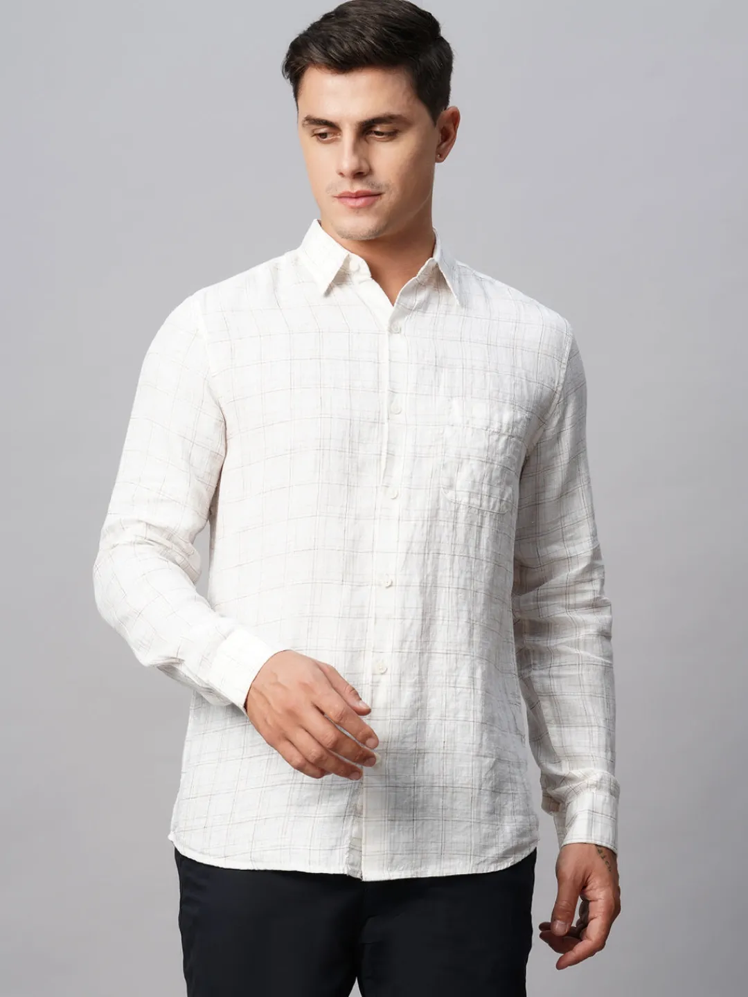 Women Cottonworld 100% Linen Shirts | 100% Linen Shirts^Men's 100% Linen Regular Fit Long Sleeved Checked Shirt