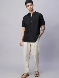 Women Cottonworld Shirts | Shirts^Men's Linen Cotton Slim Fit Band Collar Kurta Shirt
