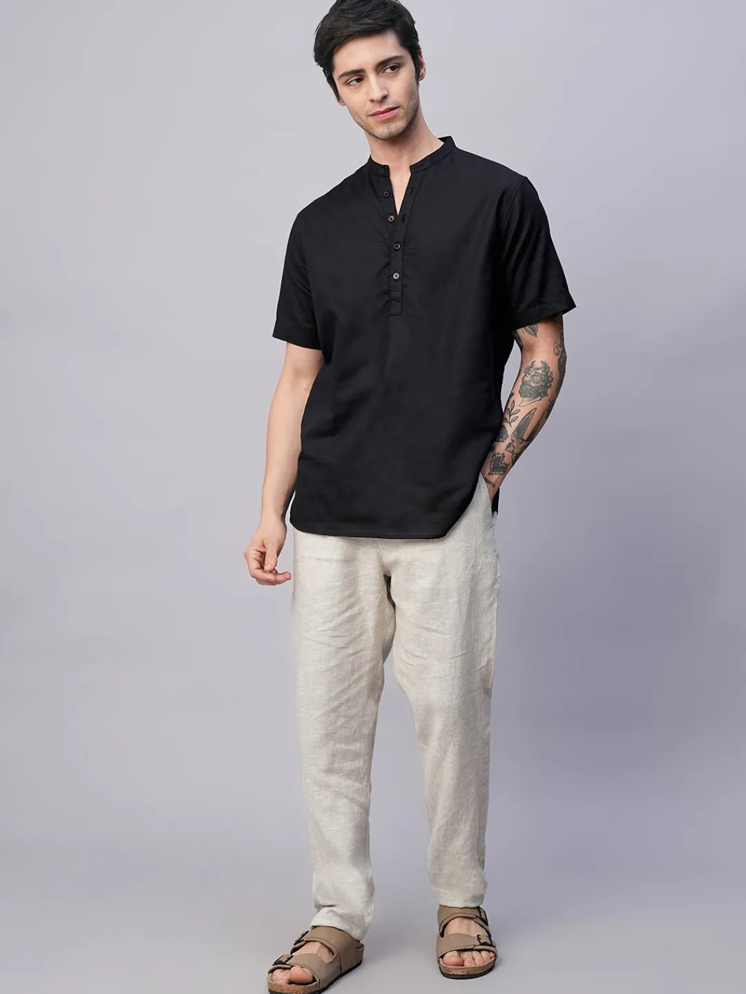 Women Cottonworld Shirts | Shirts^Men's Linen Cotton Slim Fit Band Collar Kurta Shirt