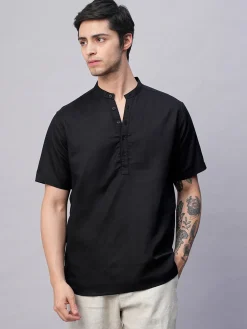 Women Cottonworld Shirts | Shirts^Men's Linen Cotton Slim Fit Band Collar Kurta Shirt