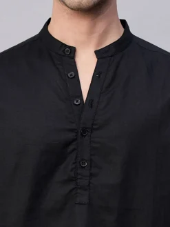 Women Cottonworld Shirts | Shirts^Men's Linen Cotton Slim Fit Band Collar Kurta Shirt
