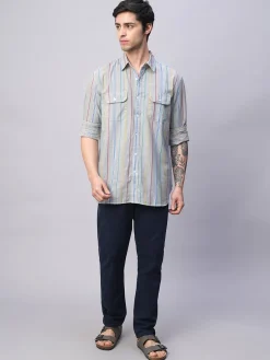 Women Cottonworld Striped | Striped^Men's 100% Cotton Regular Fit 2 Pocket Stripe Summer Shirt