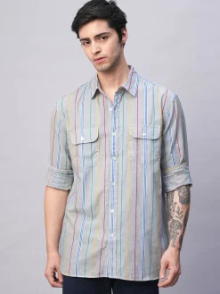 Women Cottonworld Striped | Striped^Men's 100% Cotton Regular Fit 2 Pocket Stripe Summer Shirt