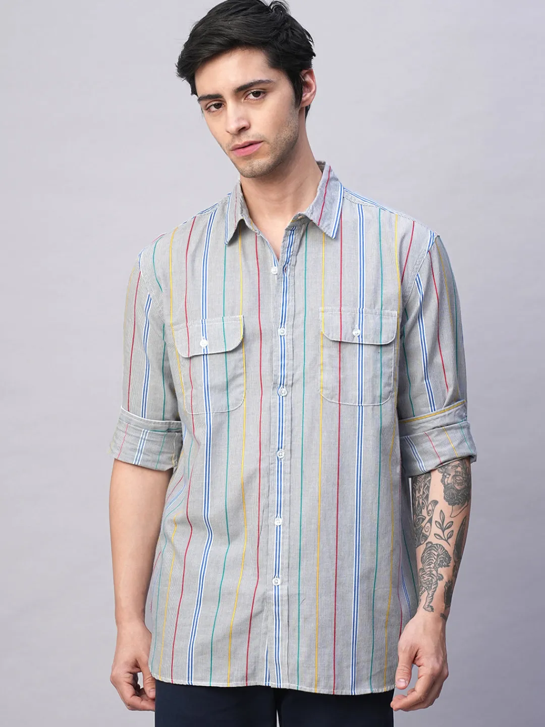 Women Cottonworld Striped | Striped^Men's 100% Cotton Regular Fit 2 Pocket Stripe Summer Shirt