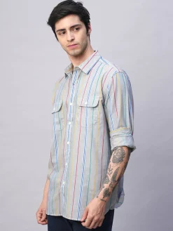 Women Cottonworld Striped | Striped^Men's 100% Cotton Regular Fit 2 Pocket Stripe Summer Shirt