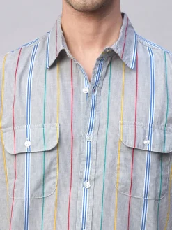 Women Cottonworld Striped | Striped^Men's 100% Cotton Regular Fit 2 Pocket Stripe Summer Shirt