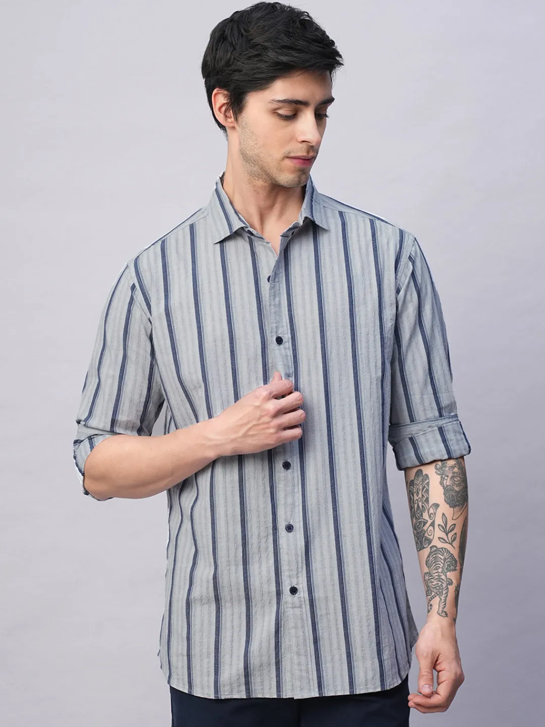 Women Cottonworld Striped | Striped^Men's Stripe Seersucker Slim Fit Shirt