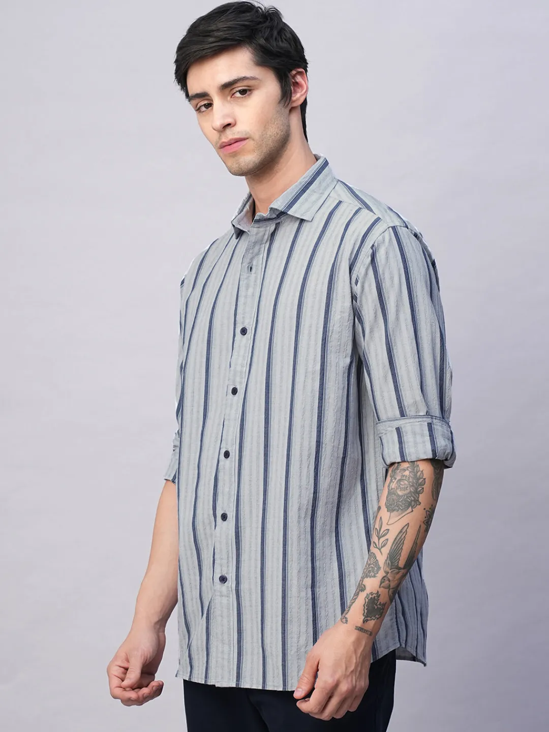 Women Cottonworld Striped | Striped^Men's Stripe Seersucker Slim Fit Shirt