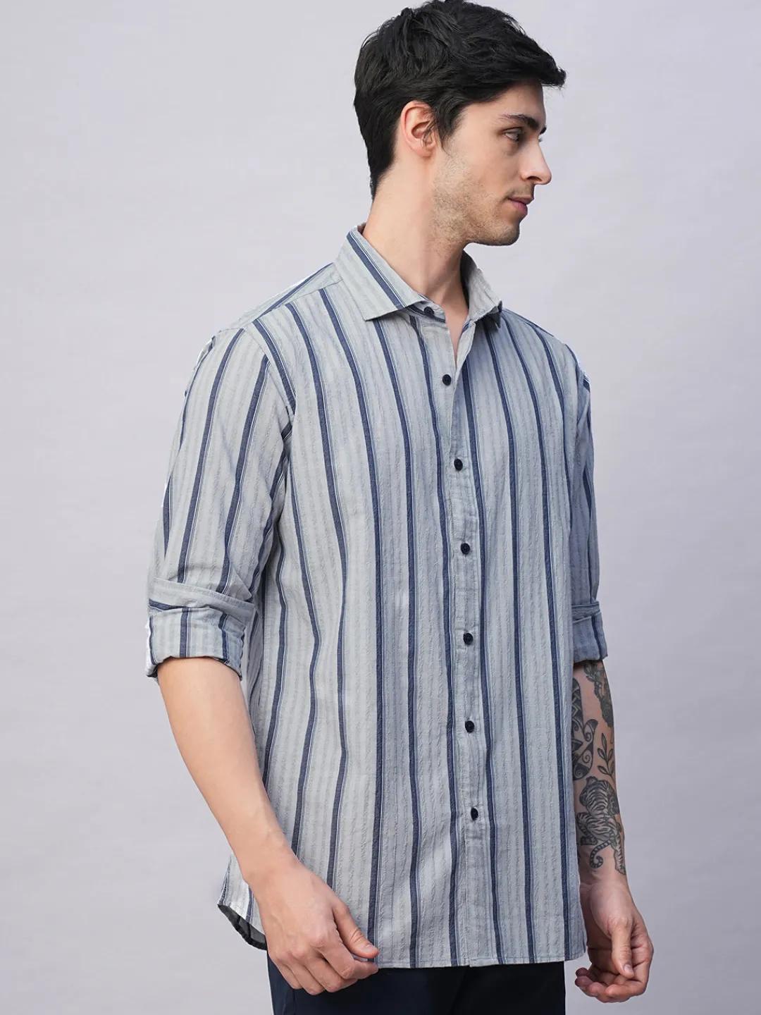 Women Cottonworld Striped | Striped^Men's Stripe Seersucker Slim Fit Shirt