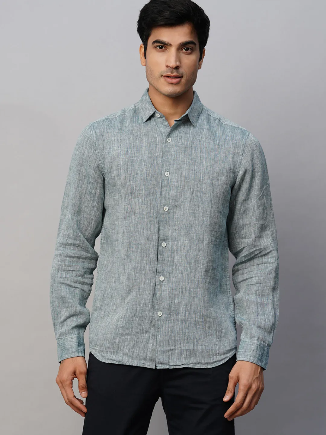 Women Cottonworld 100% Linen Shirts | 100% Linen Shirts^Men's Green 100% Linen Slim Fit Long Sleeved Shirt