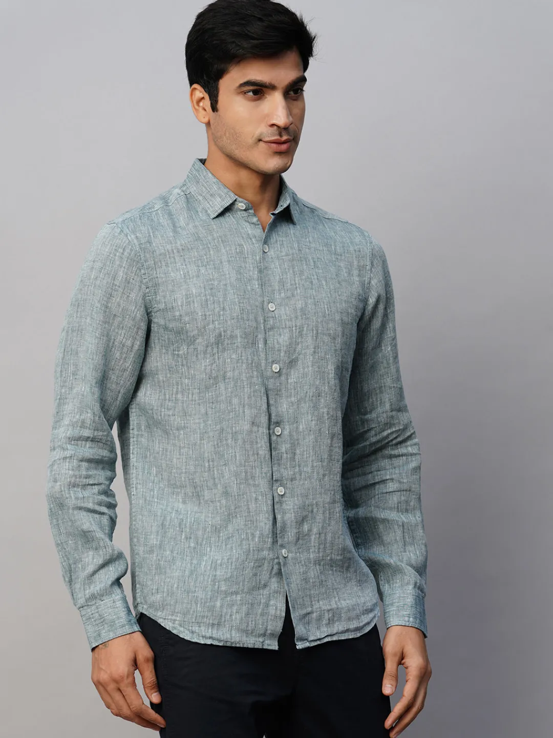 Women Cottonworld 100% Linen Shirts | 100% Linen Shirts^Men's Green 100% Linen Slim Fit Long Sleeved Shirt