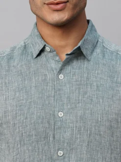 Women Cottonworld 100% Linen Shirts | 100% Linen Shirts^Men's Green 100% Linen Slim Fit Long Sleeved Shirt
