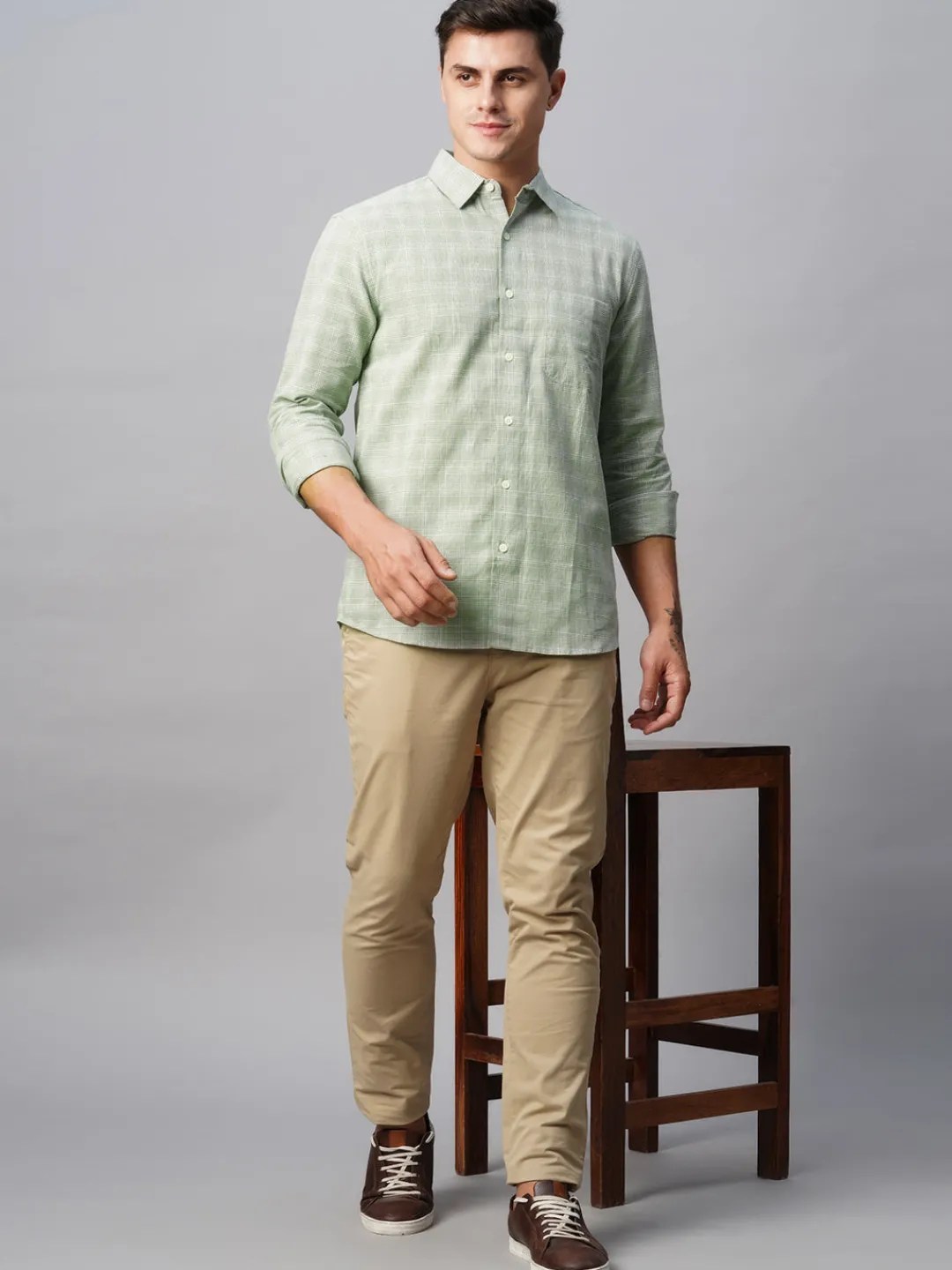 Women Cottonworld Shirts | Shirts^Men's Linen Cotton Regular Fit Checked Shirt