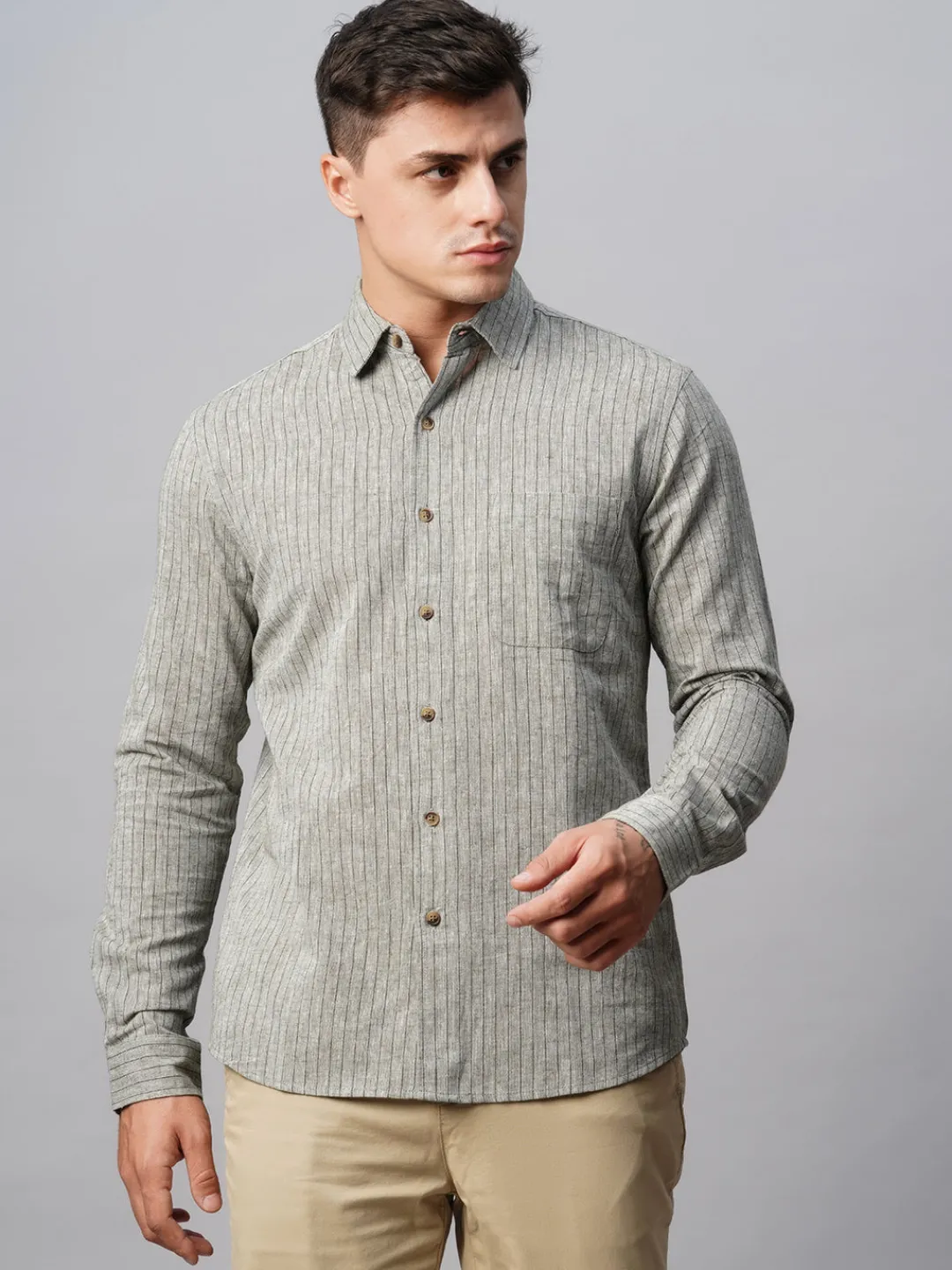 Women Cottonworld Shirts | Shirts^Men's Linen Cotton Regular Fit Striped Shirt