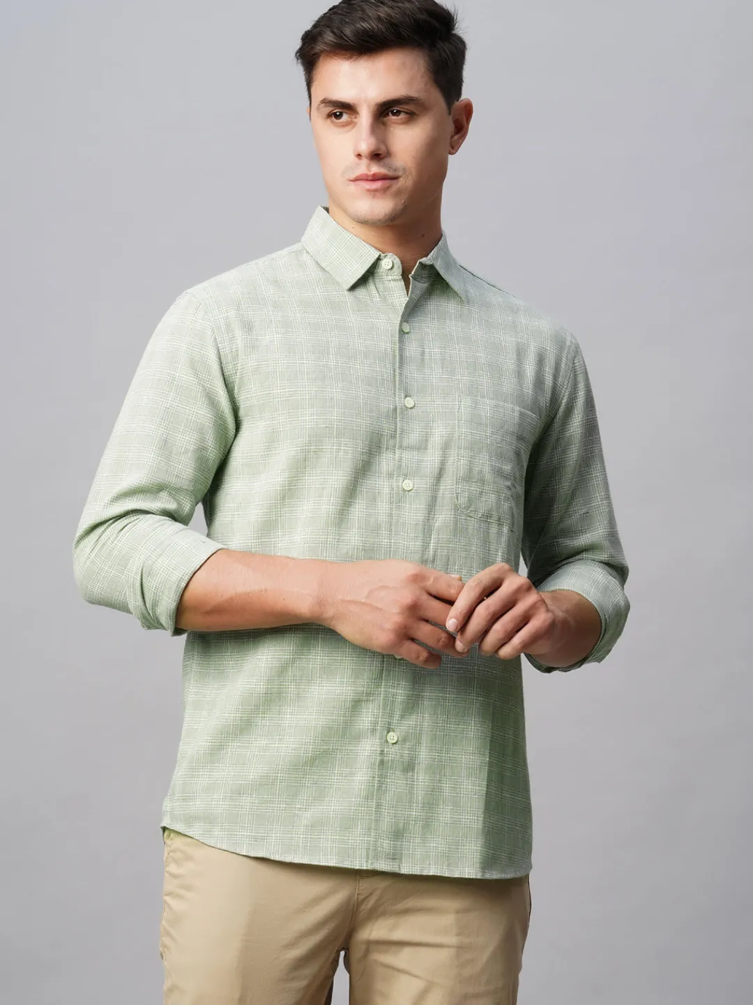 Women Cottonworld Shirts | Shirts^Men's Linen Cotton Regular Fit Checked Shirt