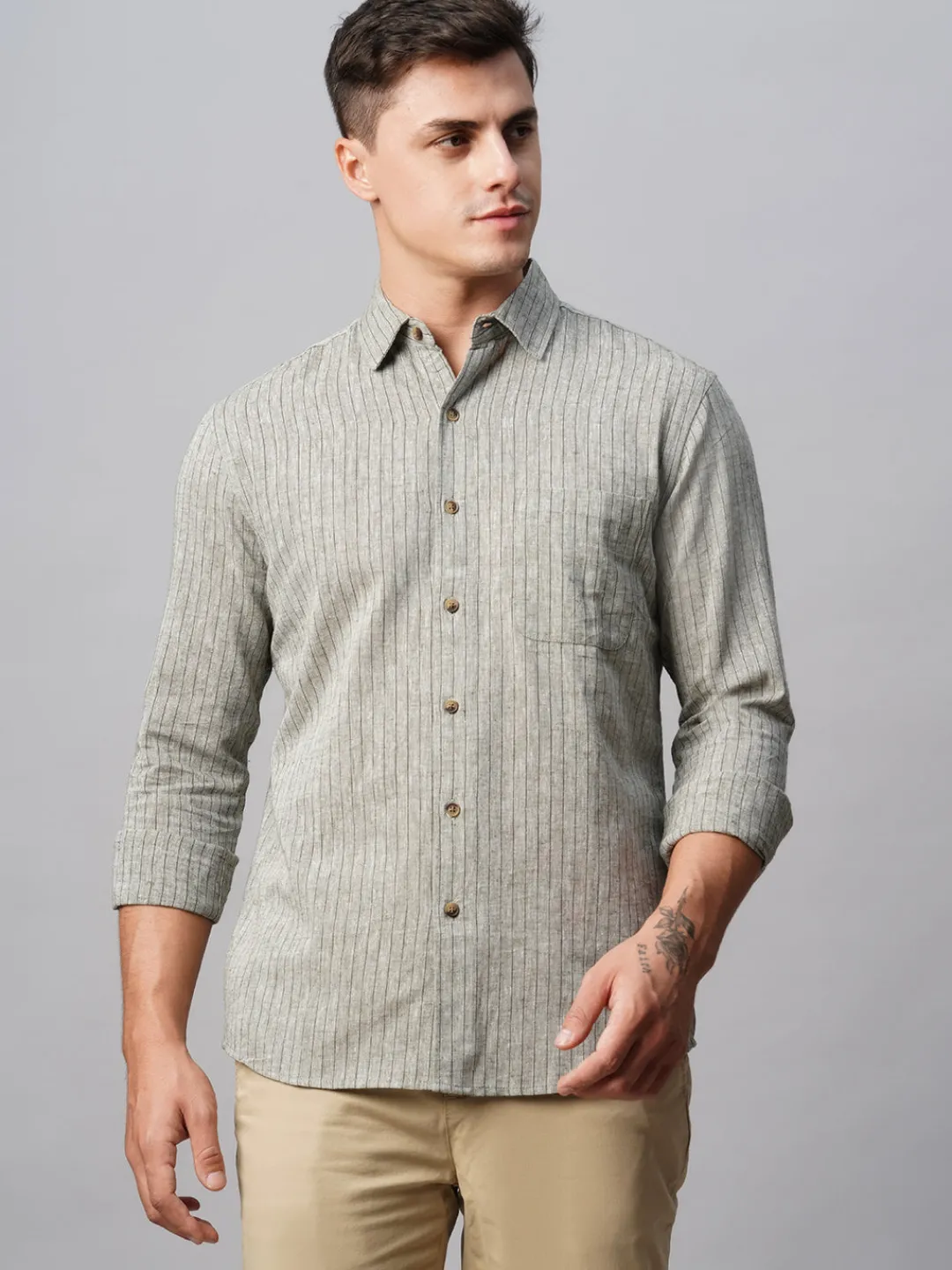 Women Cottonworld Shirts | Shirts^Men's Linen Cotton Regular Fit Striped Shirt