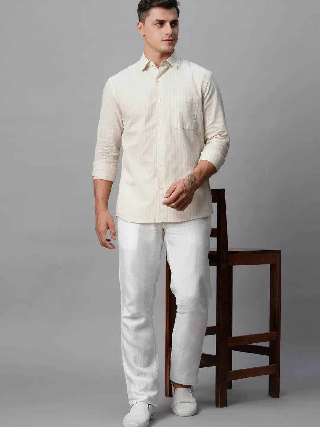 Women Cottonworld Shirts | Shirts^Men's Linen Cotton Regular Fit Striped Shirt