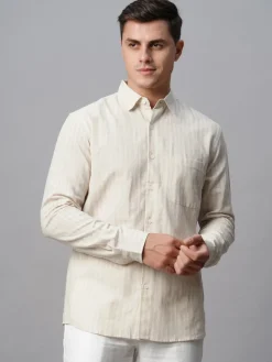 Women Cottonworld Shirts | Shirts^Men's Linen Cotton Regular Fit Striped Shirt