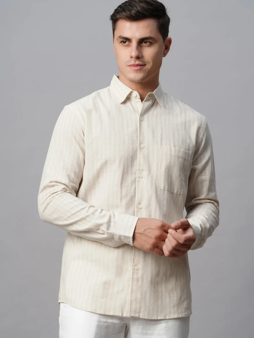 Women Cottonworld Shirts | Shirts^Men's Linen Cotton Regular Fit Striped Shirt