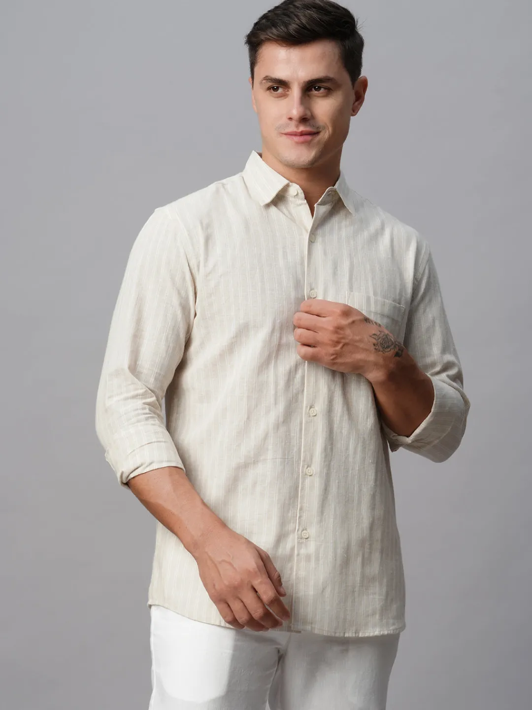 Women Cottonworld Shirts | Shirts^Men's Linen Cotton Regular Fit Striped Shirt