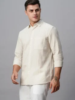 Women Cottonworld Shirts | Shirts^Men's Linen Cotton Regular Fit Striped Shirt
