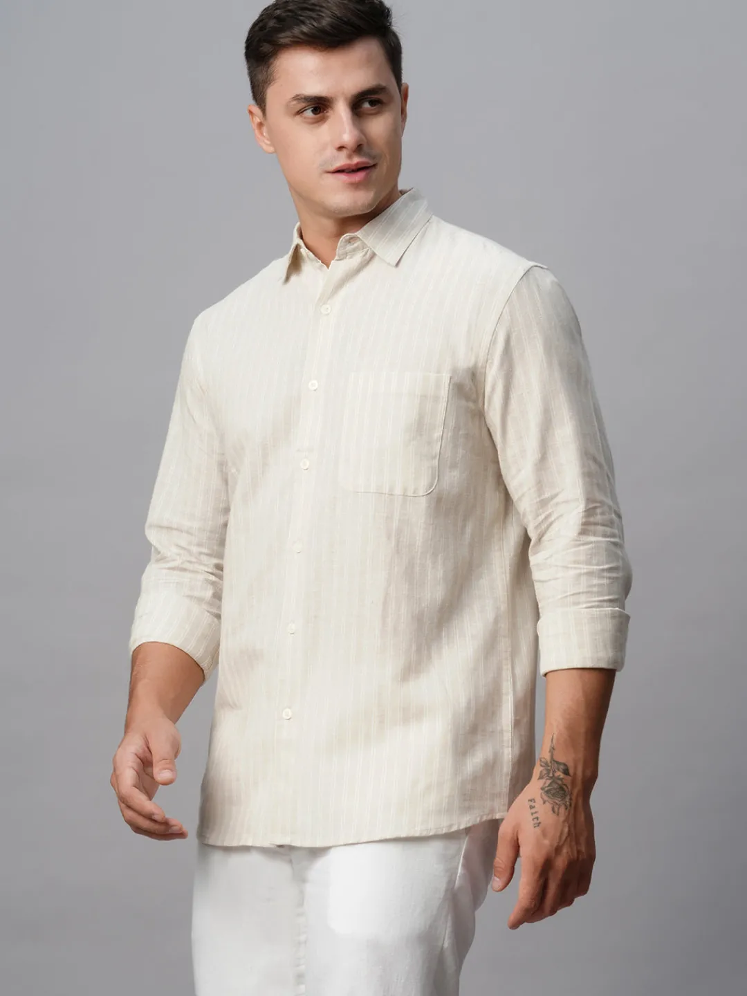 Women Cottonworld Shirts | Shirts^Men's Linen Cotton Regular Fit Striped Shirt