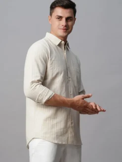 Women Cottonworld Shirts | Shirts^Men's Linen Cotton Regular Fit Striped Shirt