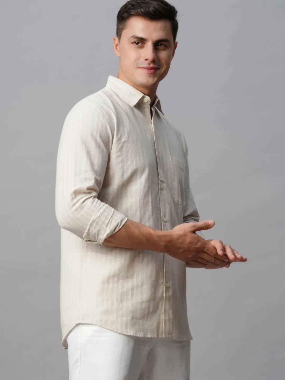 Women Cottonworld Shirts | Shirts^Men's Linen Cotton Regular Fit Striped Shirt