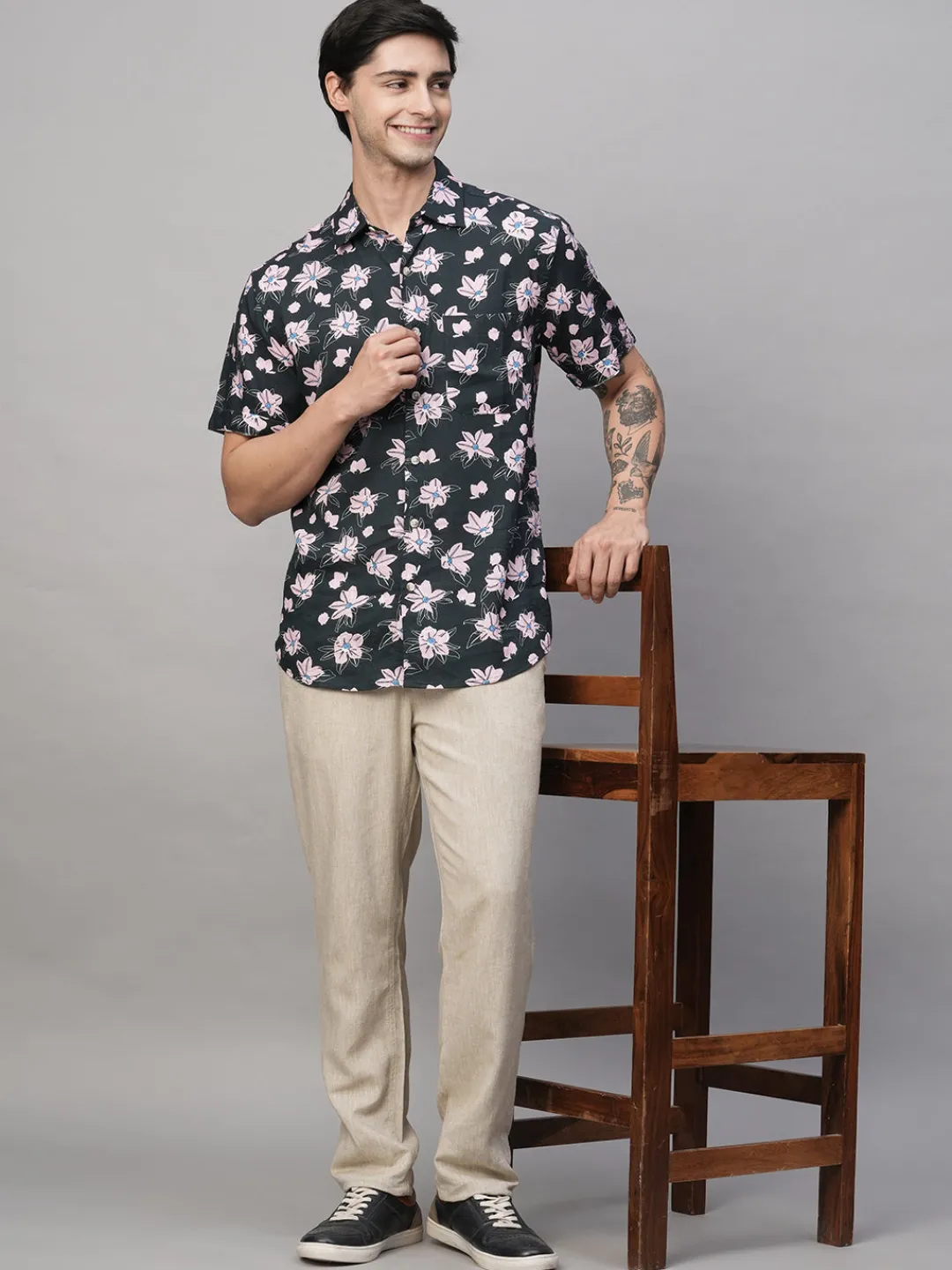 Women Cottonworld Shirts | Shirts^Men's Linen Blend Regular Fit Short Sleeve Printed Shirt