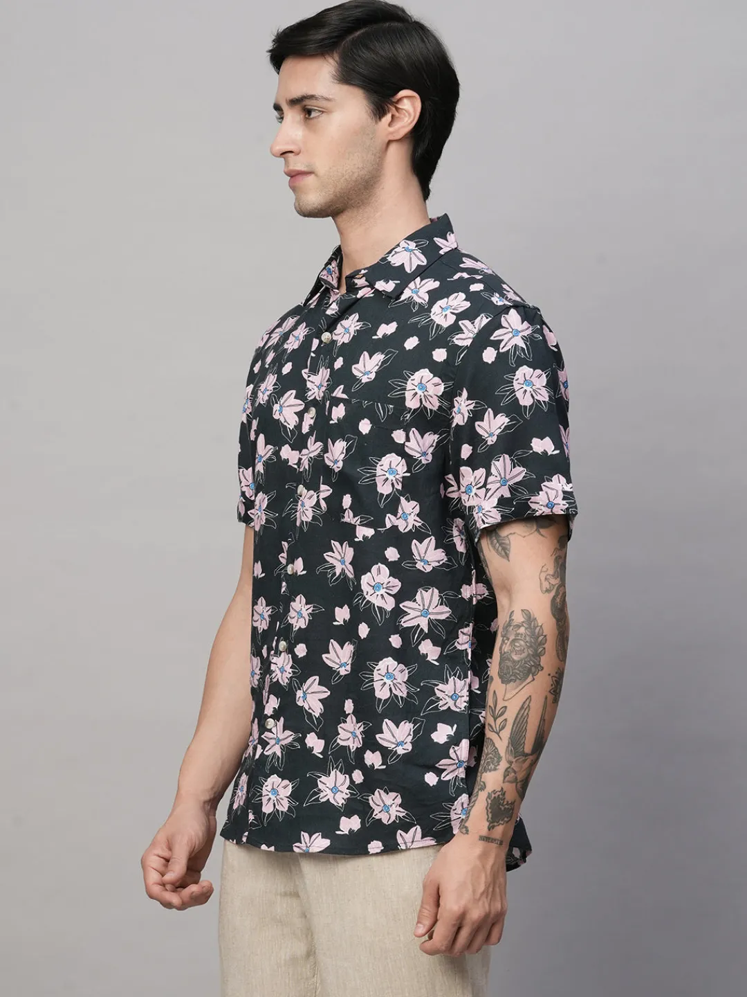 Women Cottonworld Shirts | Shirts^Men's Linen Blend Regular Fit Short Sleeve Printed Shirt