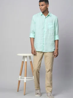 Women Cottonworld 100% Linen Shirts | 100% Linen Shirts^Men's Green 100% Linen Regular Fit Long Sleeved Shirt