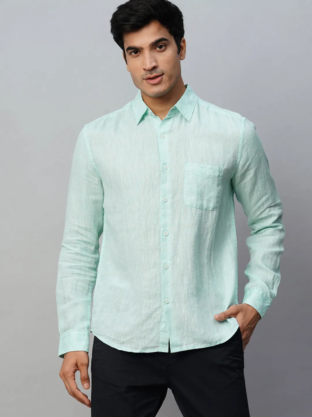 Women Cottonworld 100% Linen Shirts | 100% Linen Shirts^Men's Green 100% Linen Regular Fit Long Sleeved Shirt