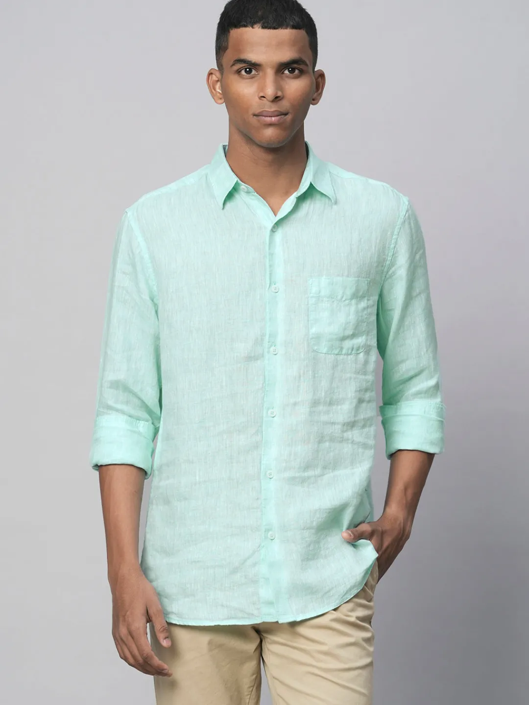 Women Cottonworld 100% Linen Shirts | 100% Linen Shirts^Men's Green 100% Linen Regular Fit Long Sleeved Shirt