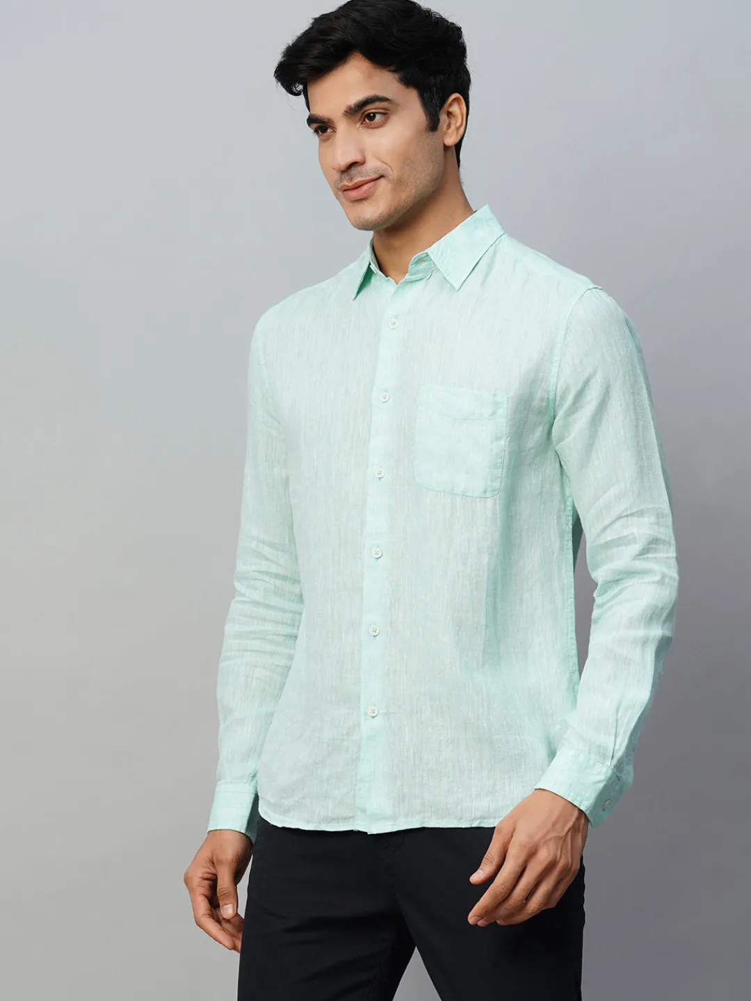 Women Cottonworld 100% Linen Shirts | 100% Linen Shirts^Men's Green 100% Linen Regular Fit Long Sleeved Shirt