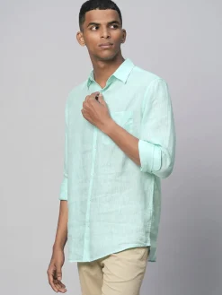 Women Cottonworld 100% Linen Shirts | 100% Linen Shirts^Men's Green 100% Linen Regular Fit Long Sleeved Shirt