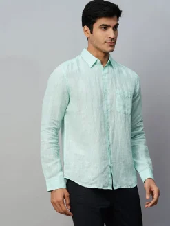 Women Cottonworld 100% Linen Shirts | 100% Linen Shirts^Men's Green 100% Linen Regular Fit Long Sleeved Shirt