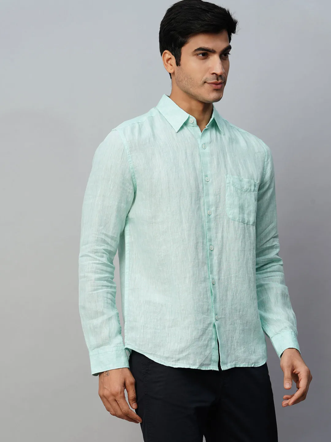 Women Cottonworld 100% Linen Shirts | 100% Linen Shirts^Men's Green 100% Linen Regular Fit Long Sleeved Shirt