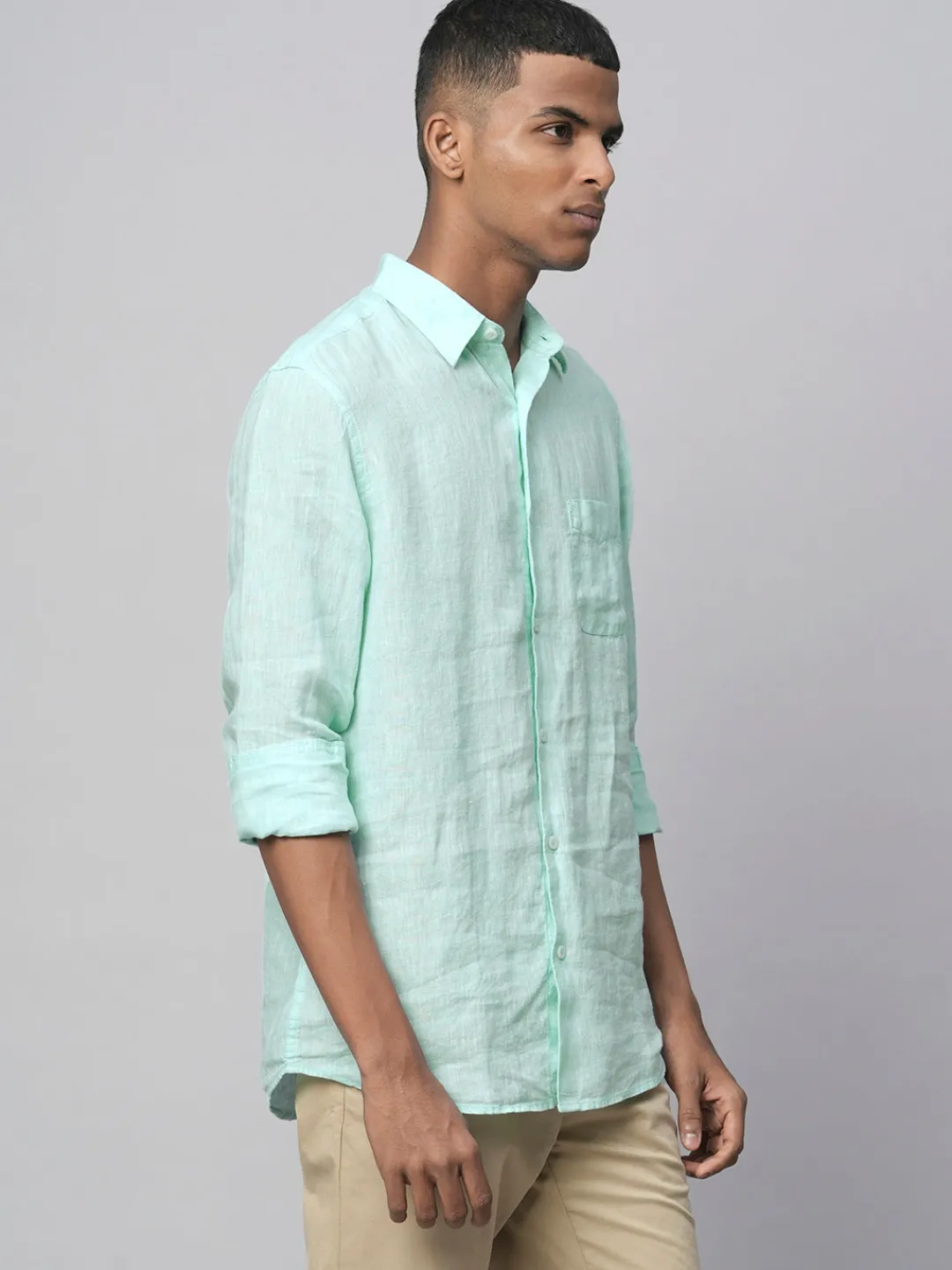 Women Cottonworld 100% Linen Shirts | 100% Linen Shirts^Men's Green 100% Linen Regular Fit Long Sleeved Shirt