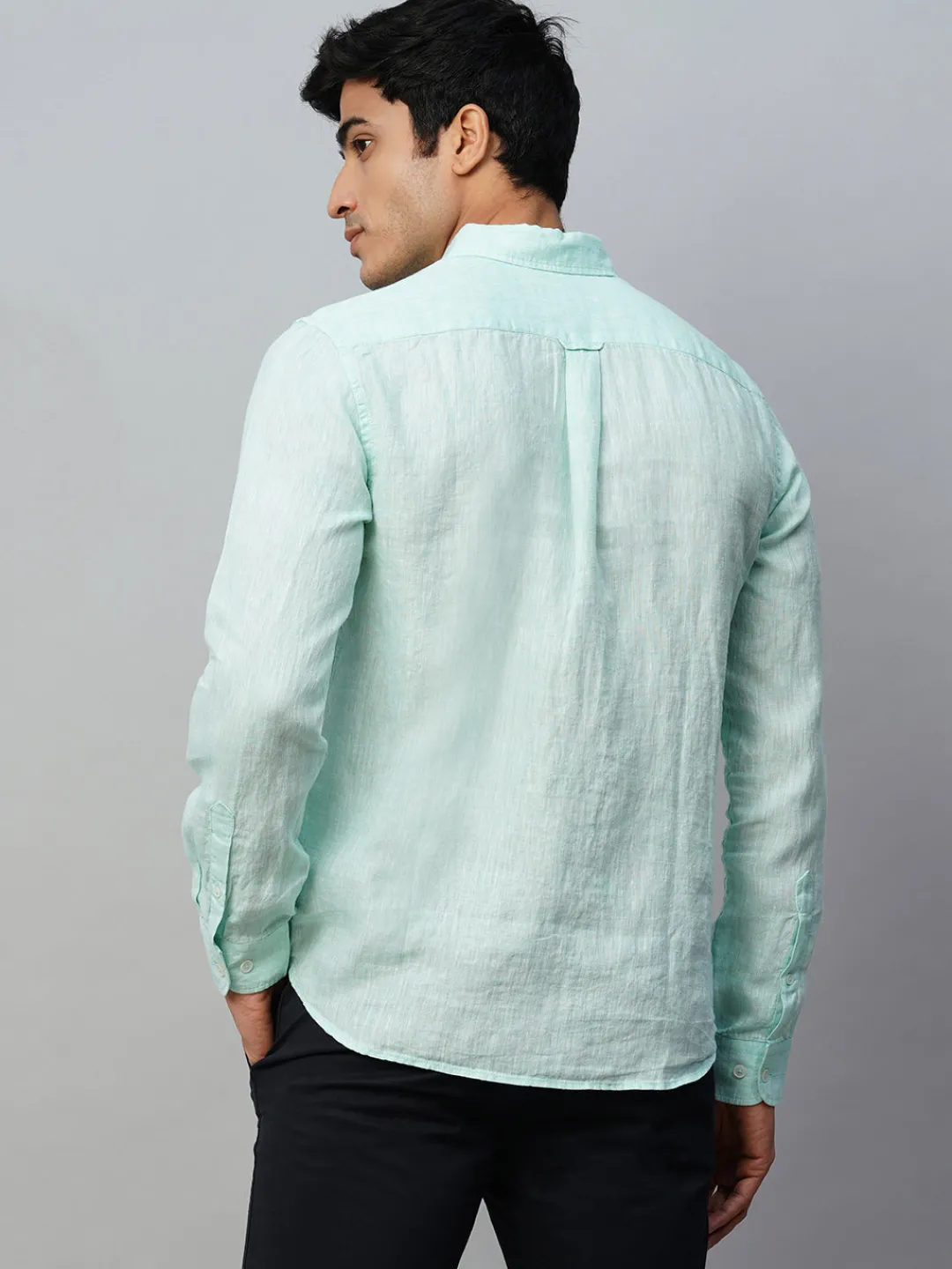 Women Cottonworld 100% Linen Shirts | 100% Linen Shirts^Men's Green 100% Linen Regular Fit Long Sleeved Shirt