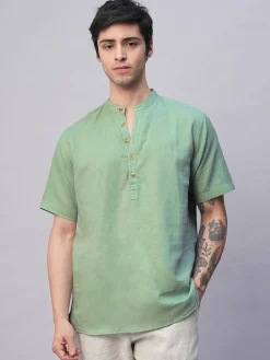 Women Cottonworld Shirts | Shirts^Men's Linen Cotton Slim Fit Band Collar Kurta Shirt