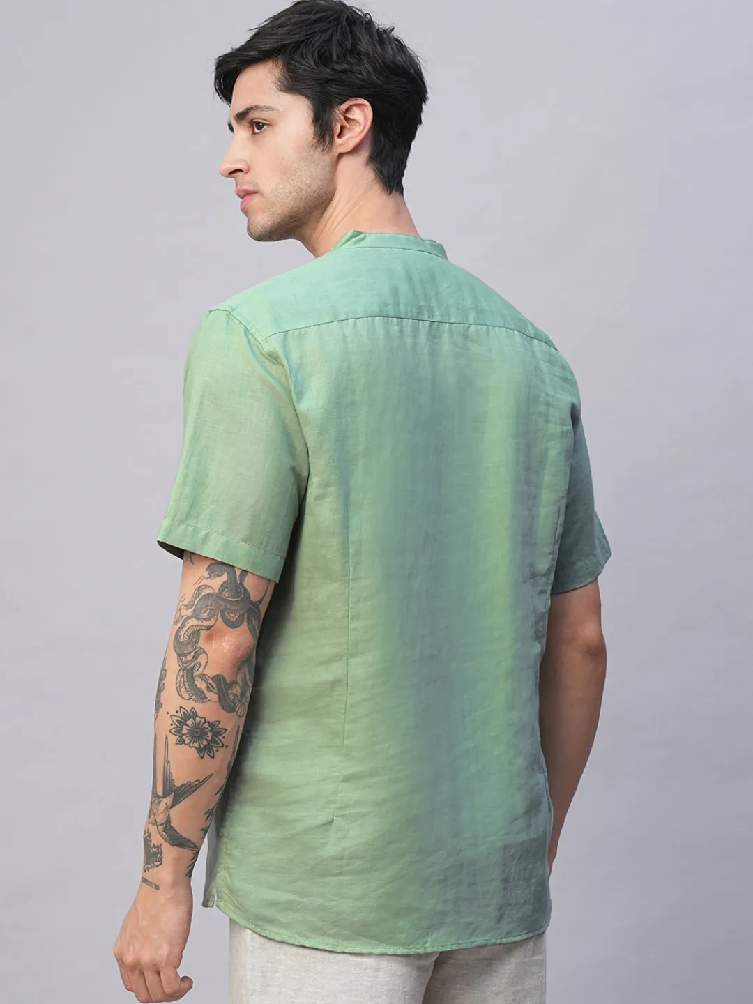 Women Cottonworld Shirts | Shirts^Men's Linen Cotton Slim Fit Band Collar Kurta Shirt