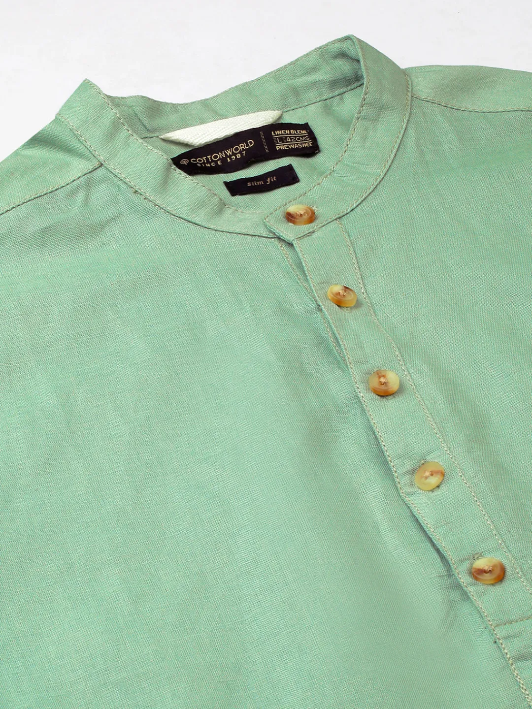 Women Cottonworld Shirts | Shirts^Men's Linen Cotton Slim Fit Band Collar Kurta Shirt