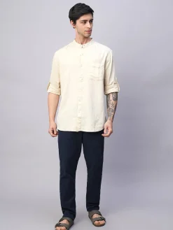 Women Cottonworld Shirts | Shirts^Men's Cotton Linen Band Collar Regular Fit Shirt