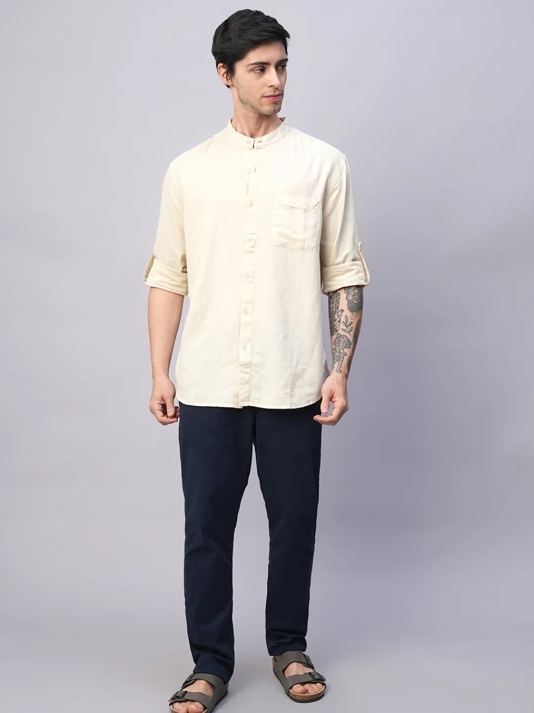 Women Cottonworld Shirts | Shirts^Men's Cotton Linen Band Collar Regular Fit Shirt