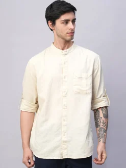 Women Cottonworld Shirts | Shirts^Men's Cotton Linen Band Collar Regular Fit Shirt