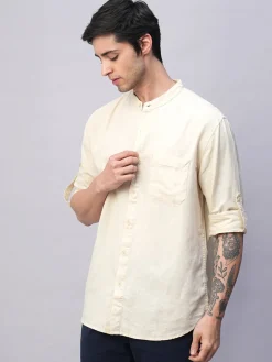 Women Cottonworld Shirts | Shirts^Men's Cotton Linen Band Collar Regular Fit Shirt