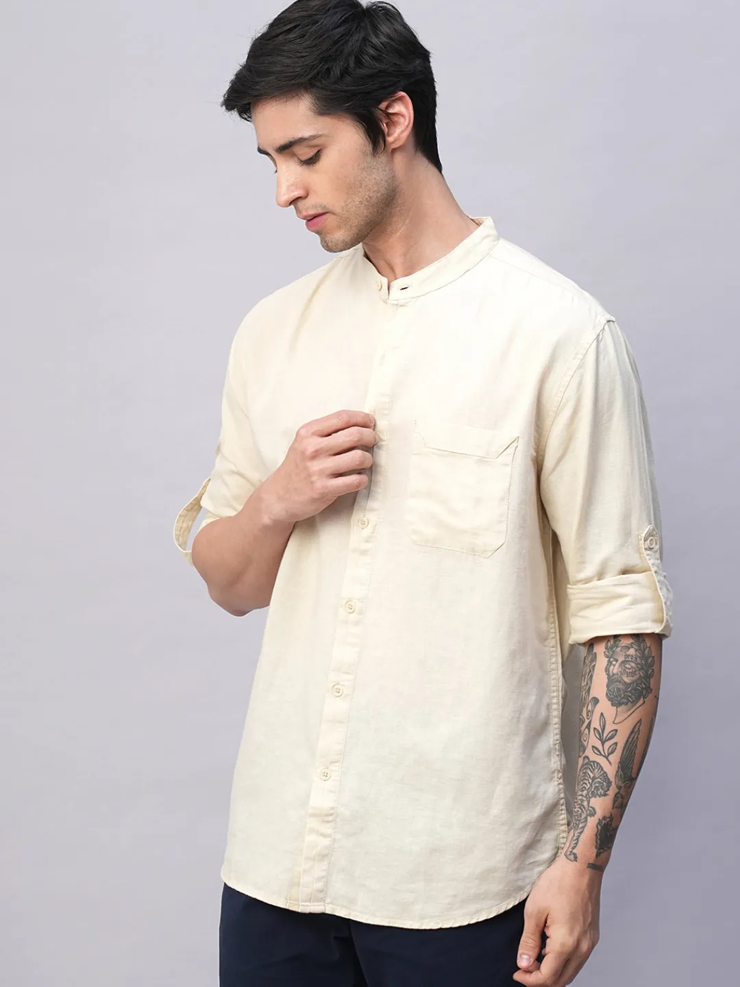Women Cottonworld Shirts | Shirts^Men's Cotton Linen Band Collar Regular Fit Shirt