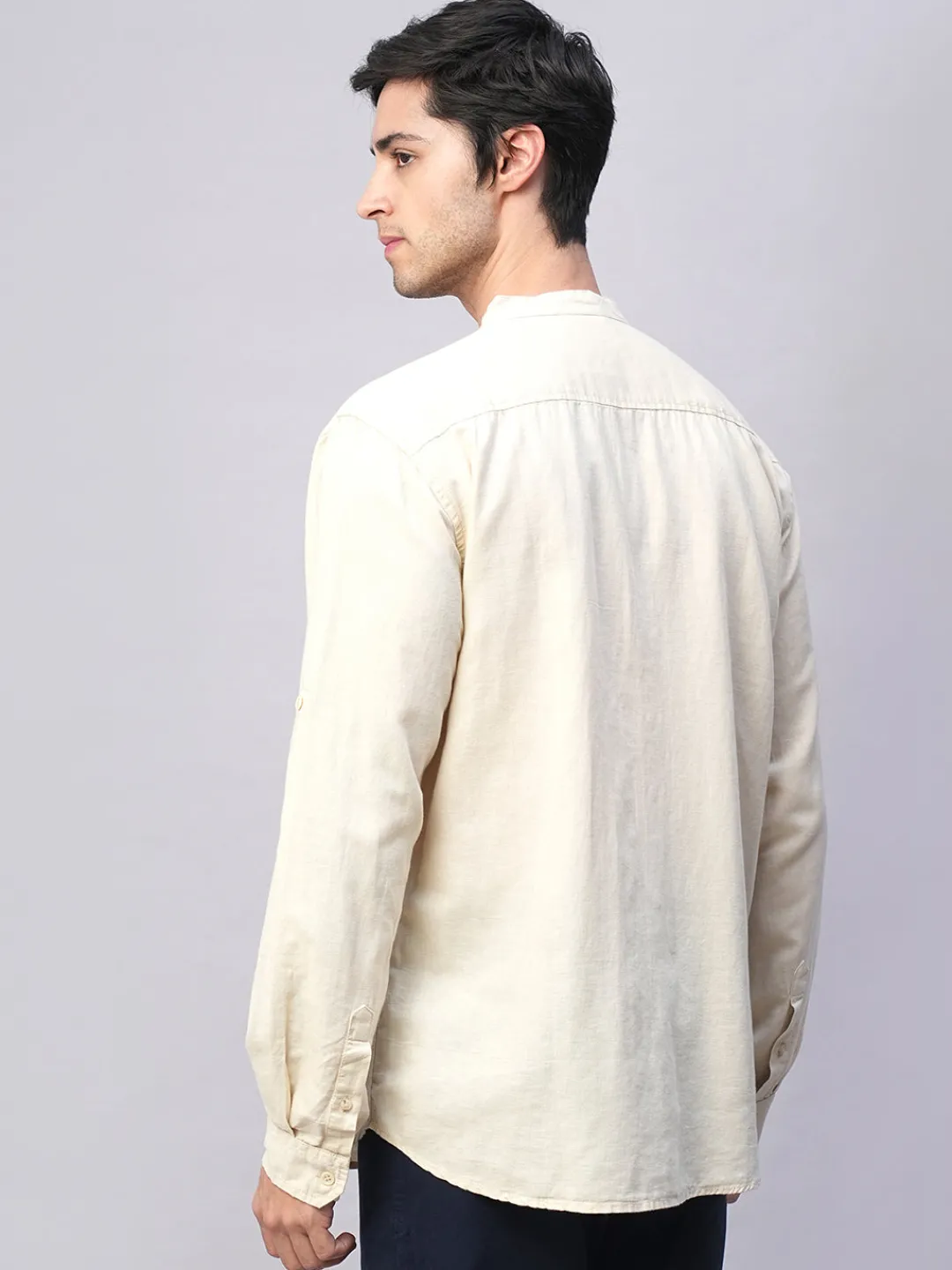 Women Cottonworld Shirts | Shirts^Men's Cotton Linen Band Collar Regular Fit Shirt